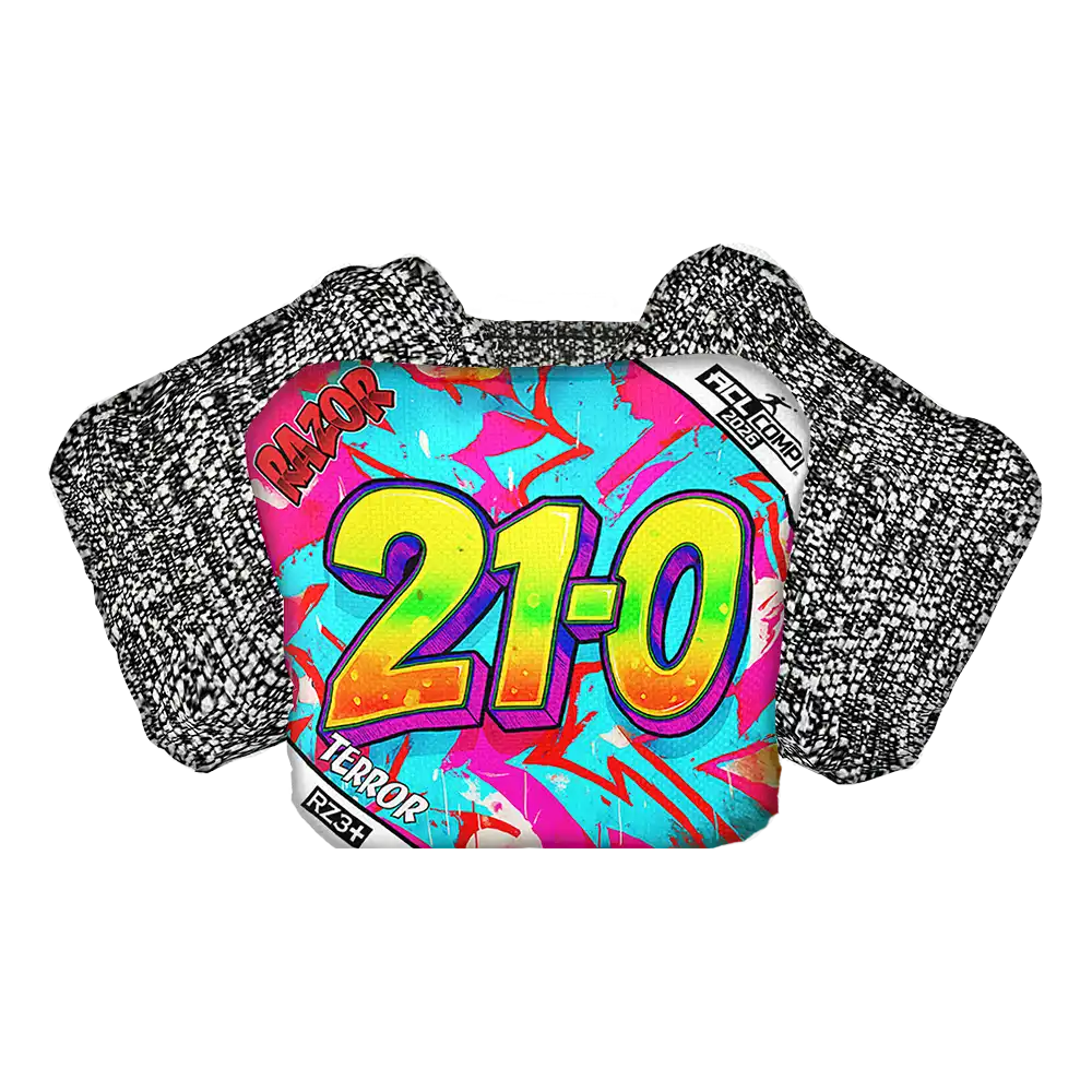 Cornhole bag with '21-0' and 'Terror' branding on a white background