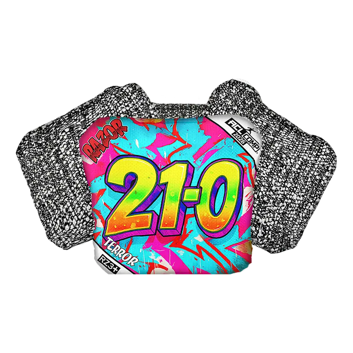 Cornhole bag with '21-0' and 'Terror' branding on a white background