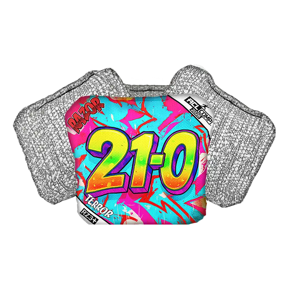 Cornhole bag with '21-0' design on a white background