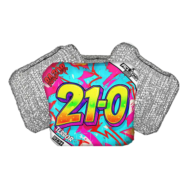 Cornhole bag with '21-0' design on a white background