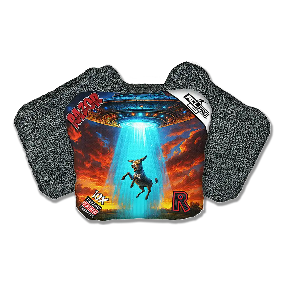 Cornhole bags with a graphic of a dockey and a UFO, featuring the brand 'Razor'.