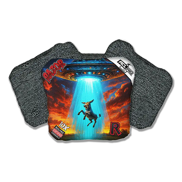 Cornhole bags with a graphic of a dockey and a UFO, featuring the brand 'Razor'.