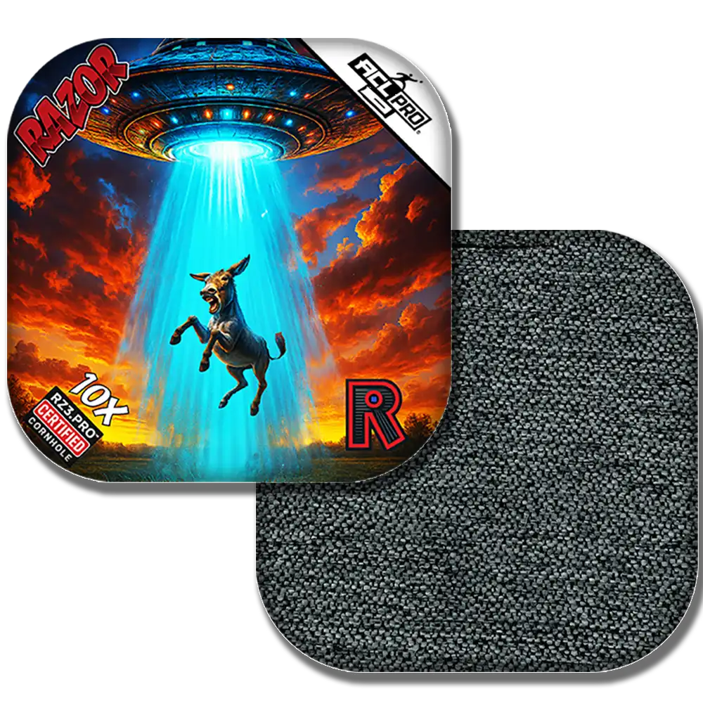 Cornhole bags with a donkey and UFO design on one side and textured surface on the other, featuring the brand 'Razor'.