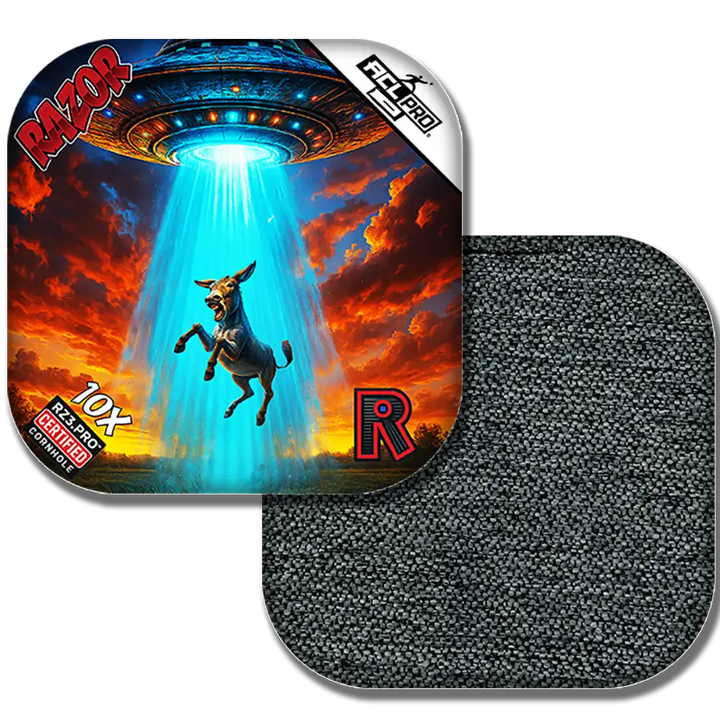 Cornhole bags with a donkey and UFO design on one side and textured surface on the other, featuring the brand 'Razor'.
