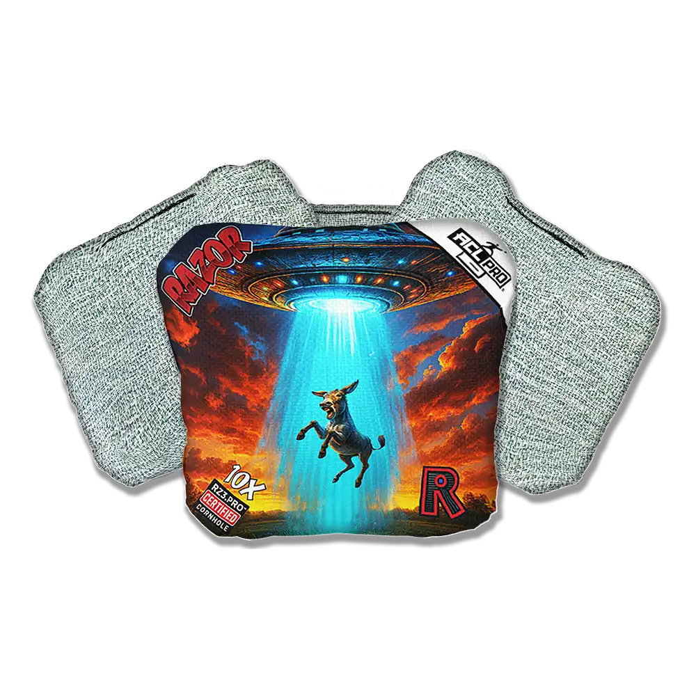 Gray Cornhole bags with a graphic design featuring a donkey and a UFO on a white background