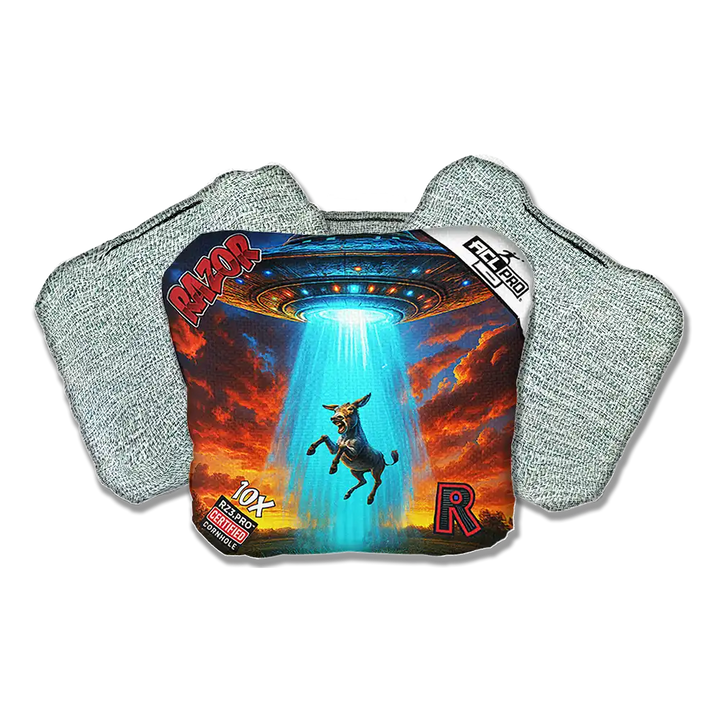 Gray Cornhole bags with a graphic design featuring a donkey and a UFO on a white background