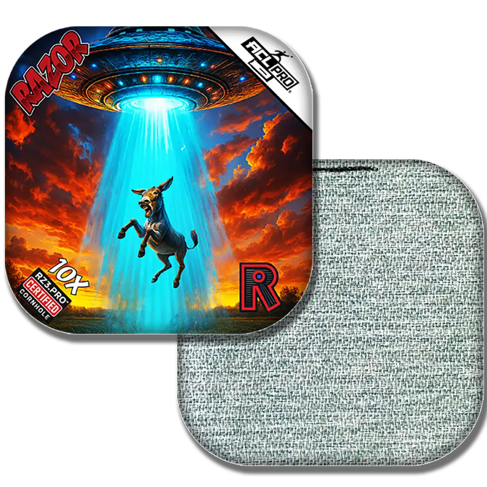 Cornhole bags with a donkey and UFO design on a red and blue background, featuring the brand 'Razor'.