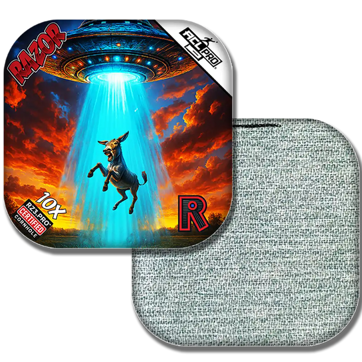 Cornhole bags with a donkey and UFO design on a red and blue background, featuring the brand 'Razor'.