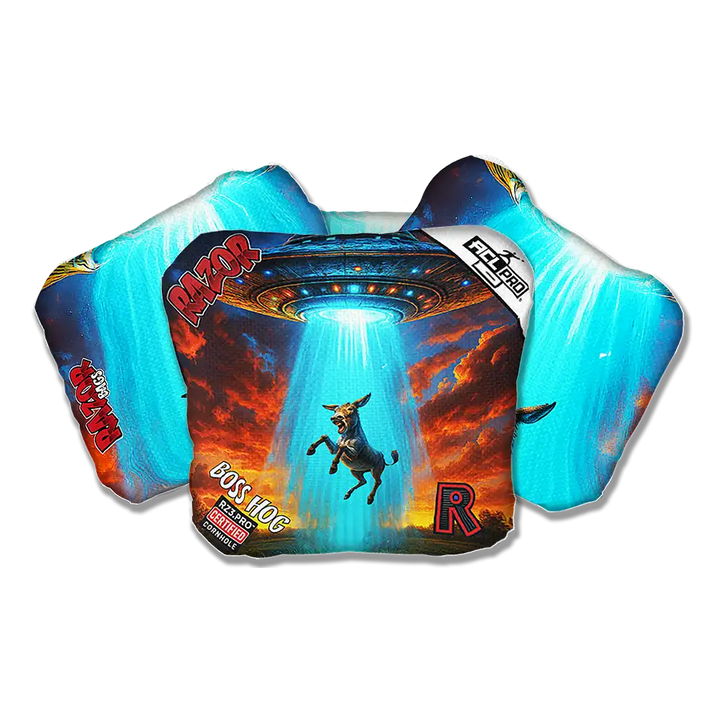 Razor Boss Hog Cornhole bags with vibrant design on a white background
