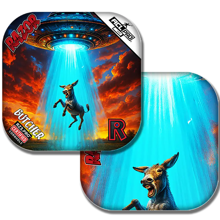 Futuristic alien spaceship with a donkey creature and 'Razor' branding on a colorful background