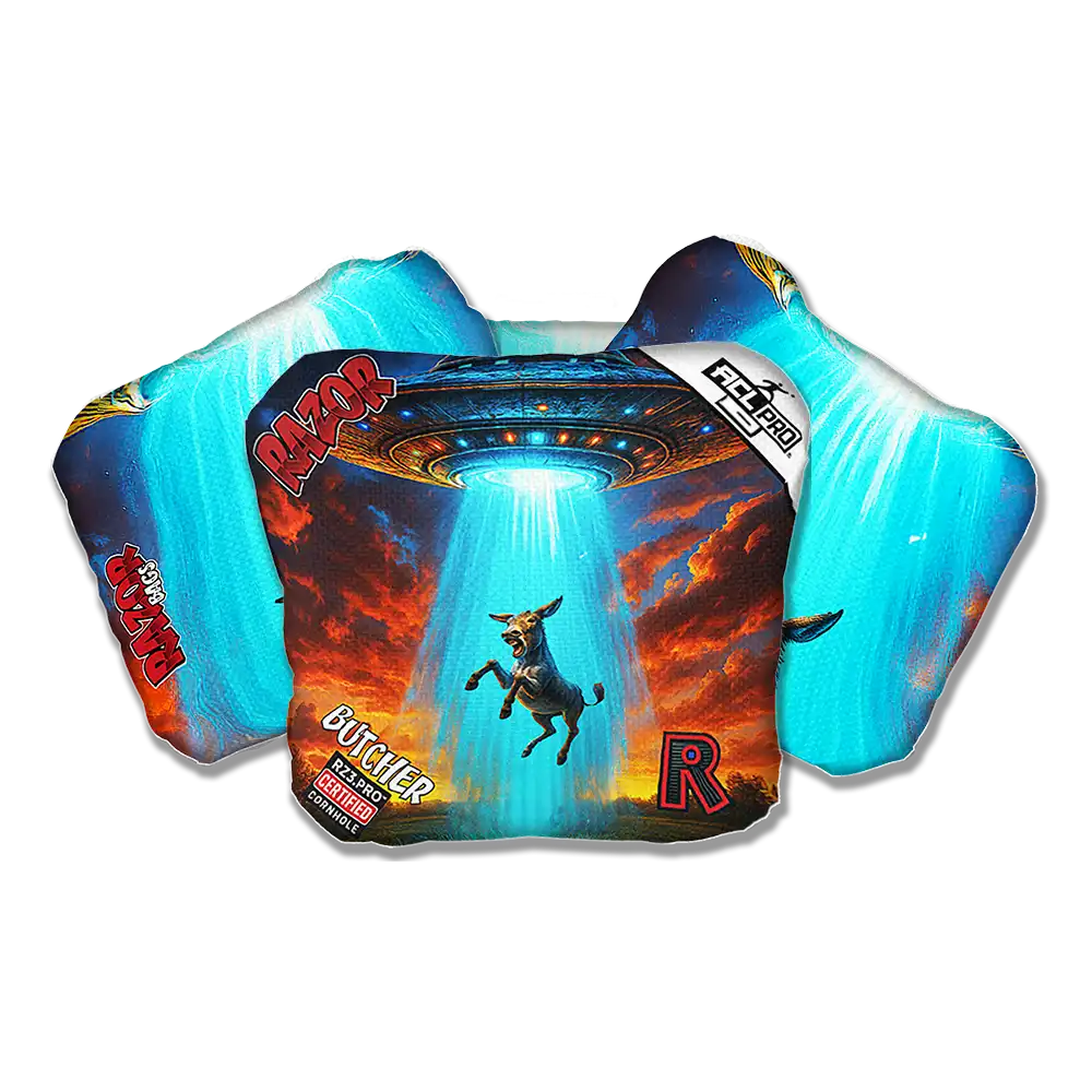 Colorful Cornhole bag with graphic design and brand logos on a white background