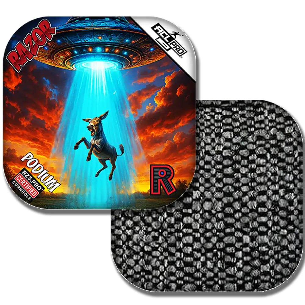 Cornhole bag with a donkey and UFO design, featuring the brand 'Razor'.