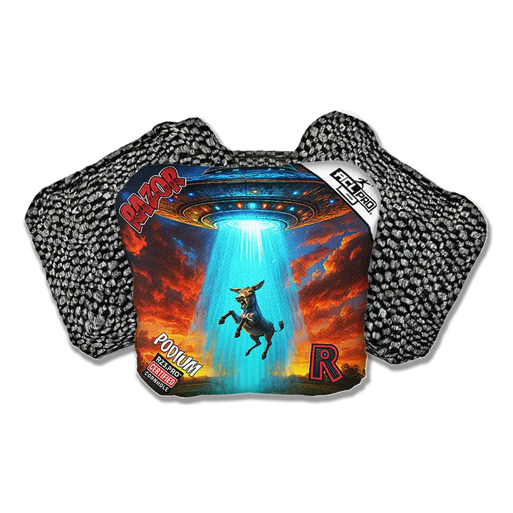 Cornhole bag with a graphic of a donkey and a UFO, featuring the brand 'Razor'.