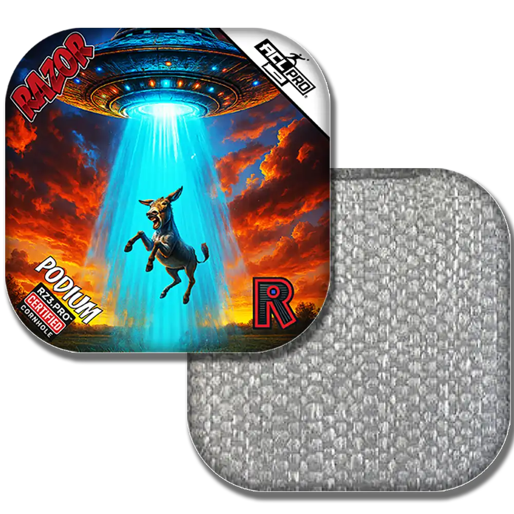 Cornhole bag with a graphic of a donkey under a UFO, featuring the Razor brand.