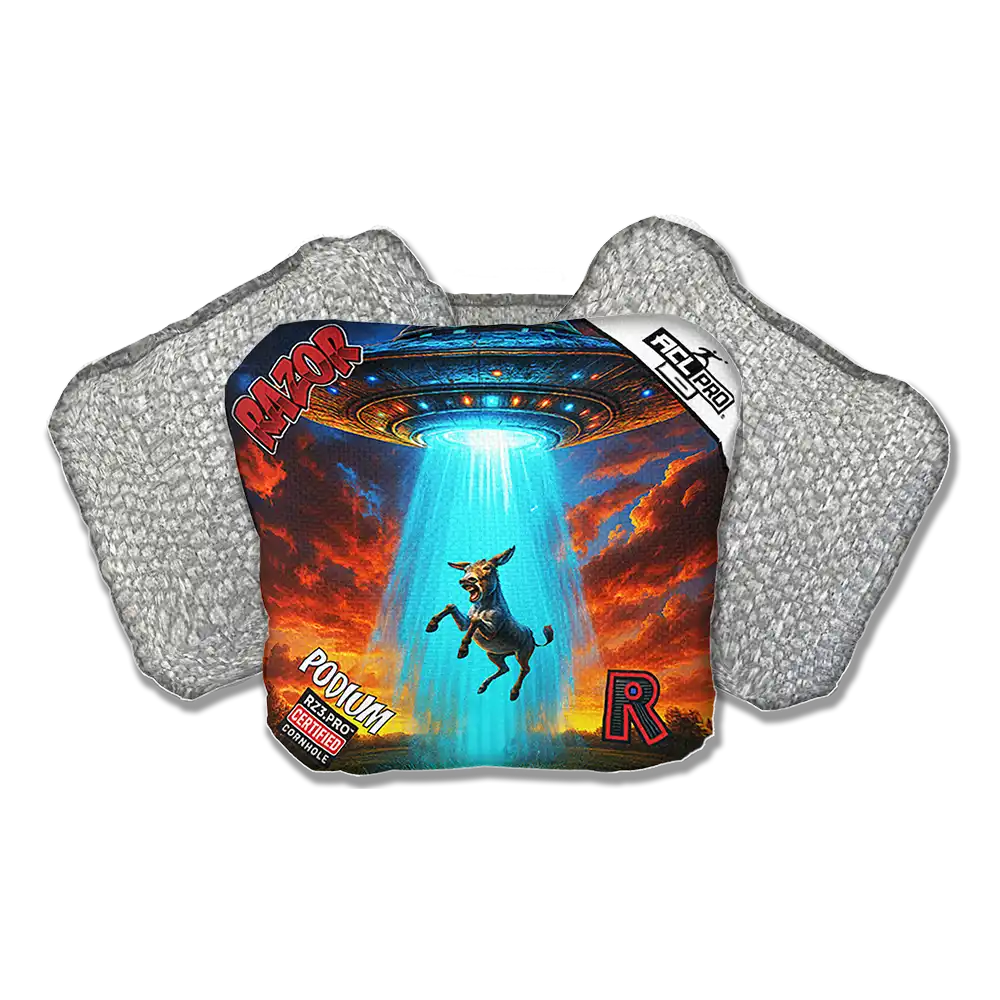 Cornhole bag with a colorful design featuring a donkey, UFO, and 'Razor' branding on a white background.
