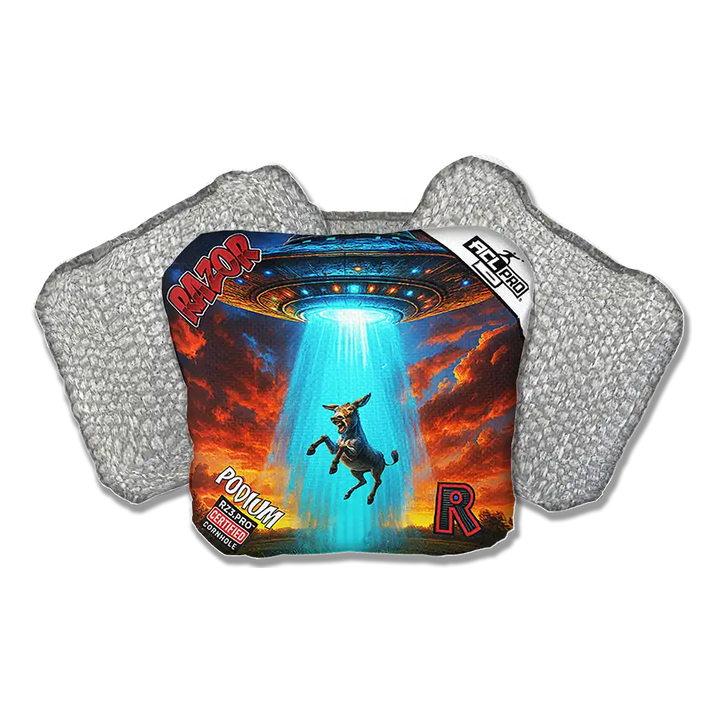 Cornhole bag with a colorful design featuring a donkey, UFO, and 'Razor' branding on a white background.