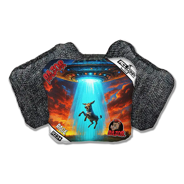 Cornhole bags with graphic design featuring a donkey and a UFO on a white background