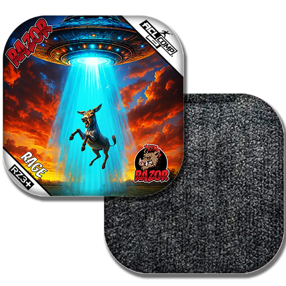 Razor Rage Cornhole bags with a graphic of a donkey and a UFO on a colorful background