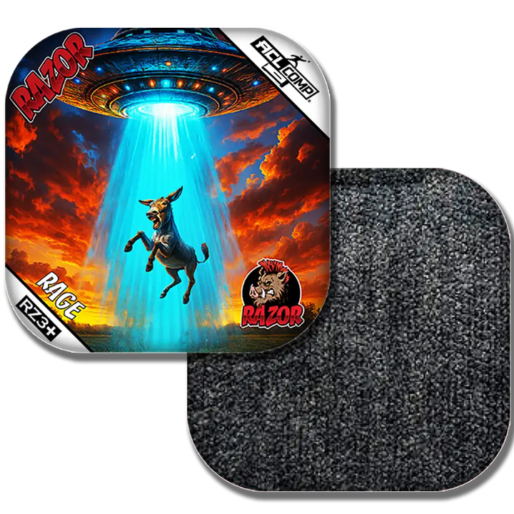 Razor Rage Cornhole bags with a graphic of a donkey and a UFO on a colorful background