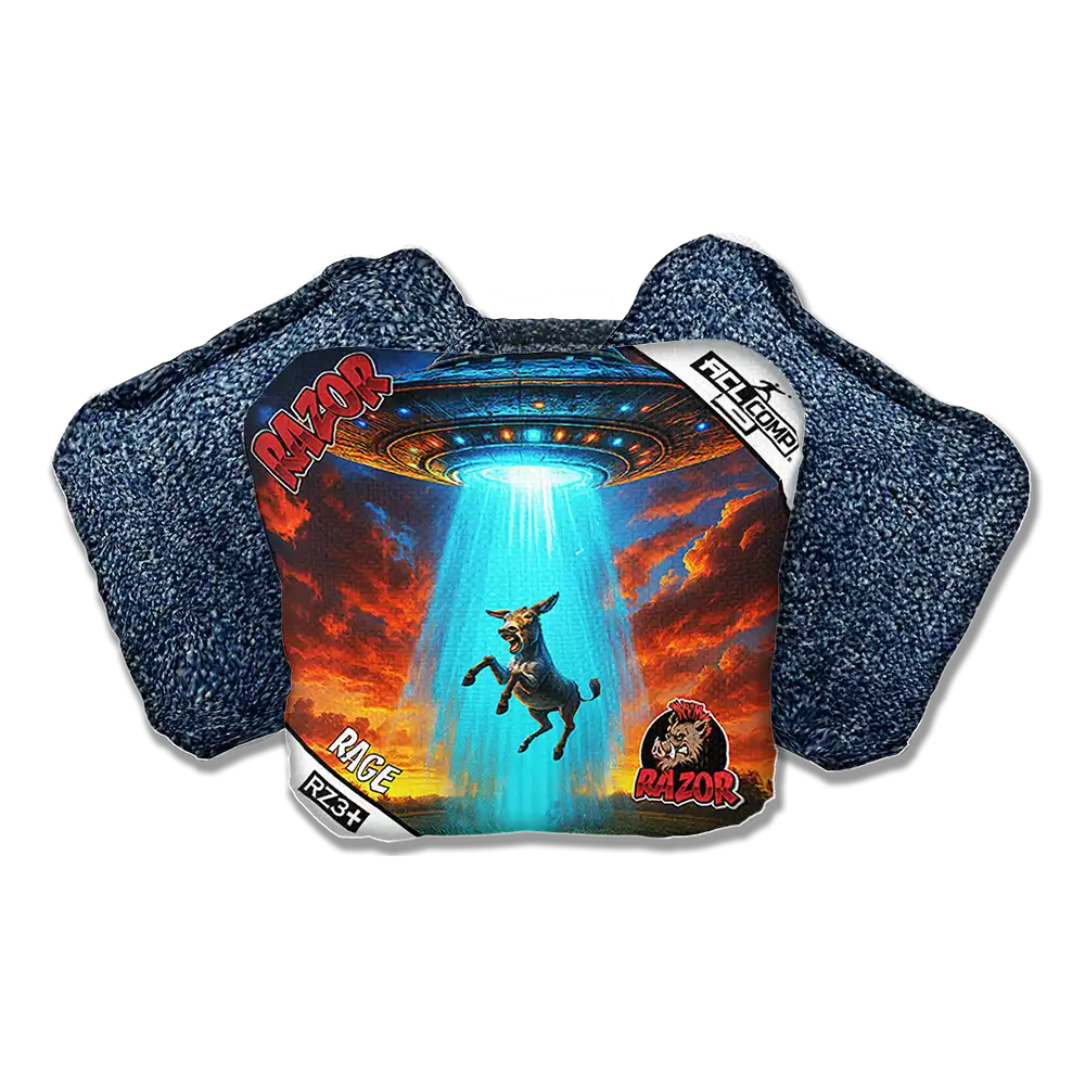 Cornhole bags with graphic design featuring a donkey and a UFO on a white background