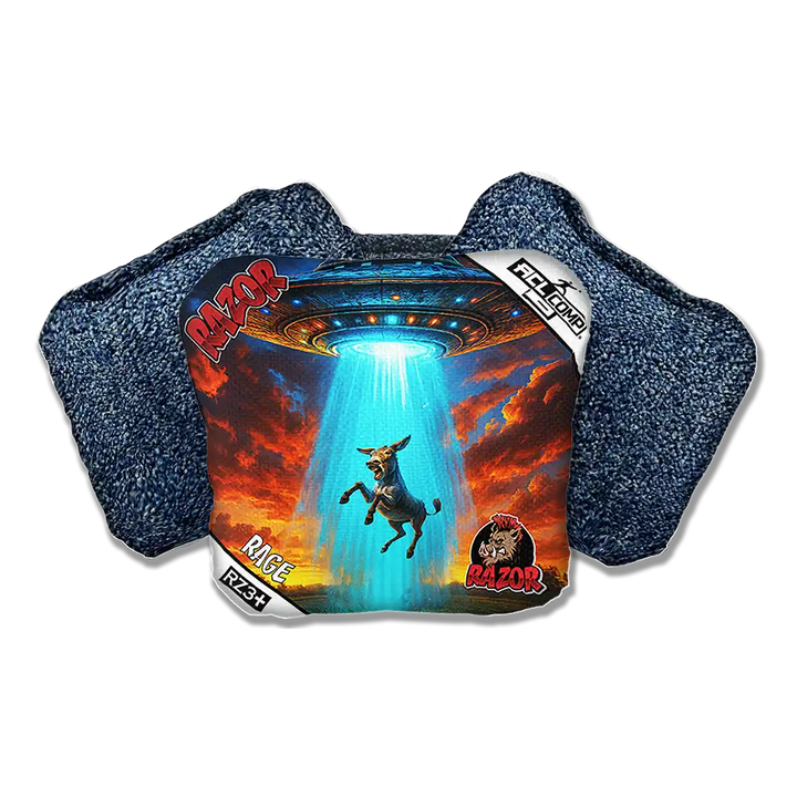 Cornhole bags with graphic design featuring a donkey and a UFO on a white background