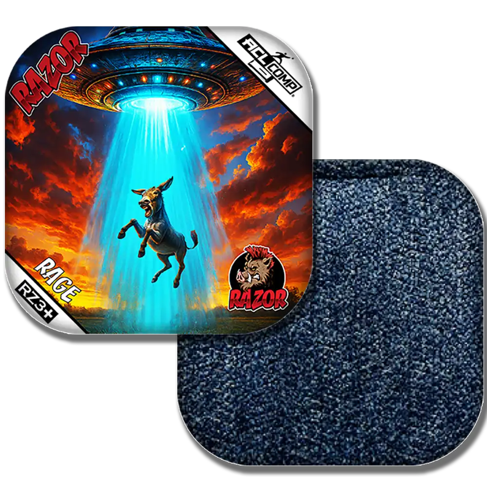 Razor Rage product Cornhole bags with a UFO and donkey illustration on a white background