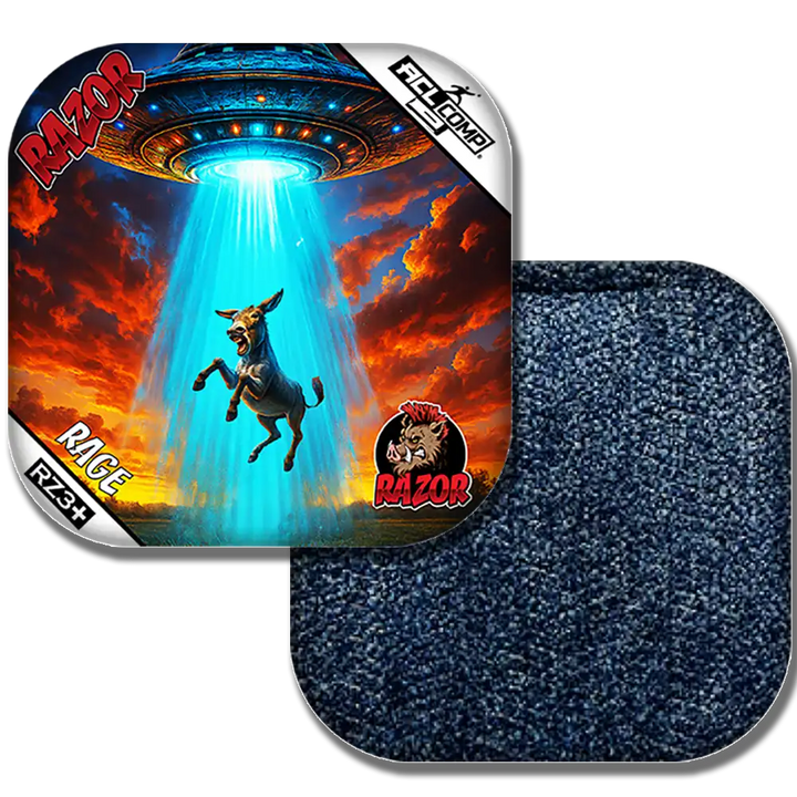 Razor Rage product Cornhole bags with a UFO and donkey illustration on a white background
