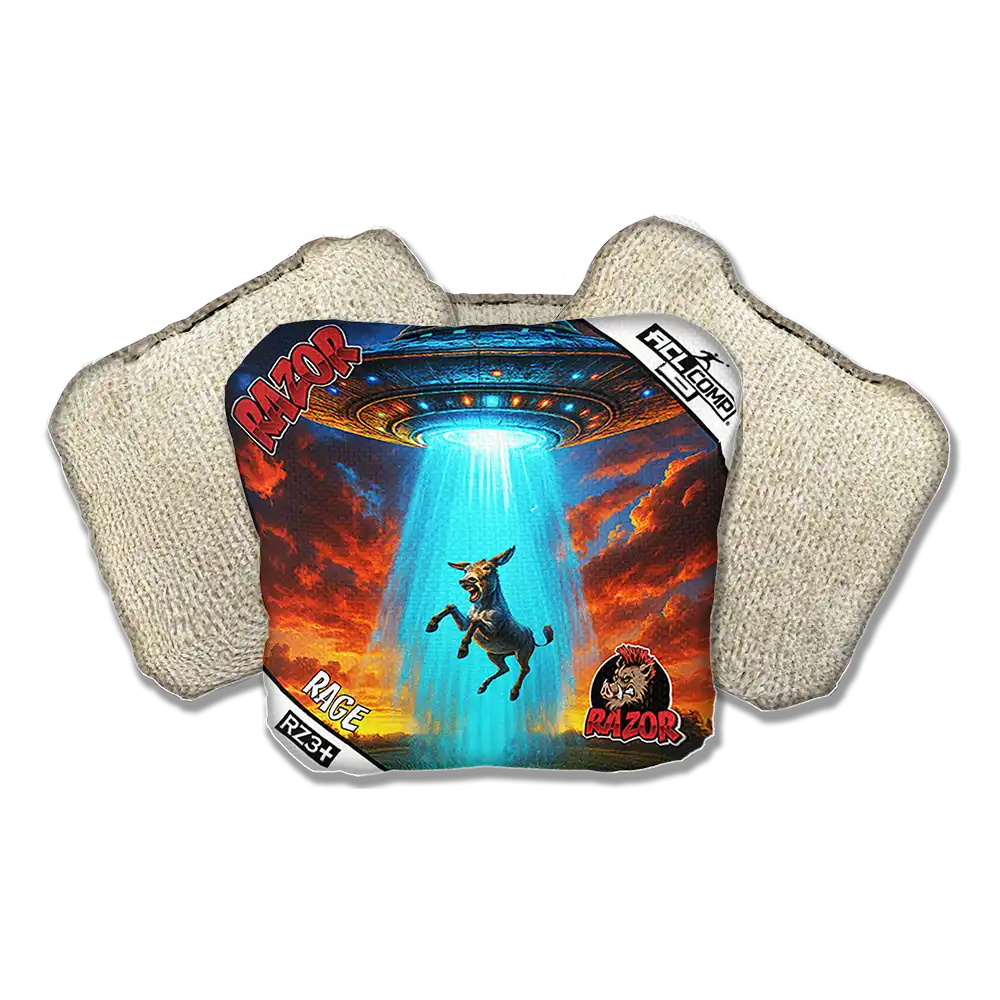 Cornhole bags with a colorful design featuring a donkey and a UFO on a white background