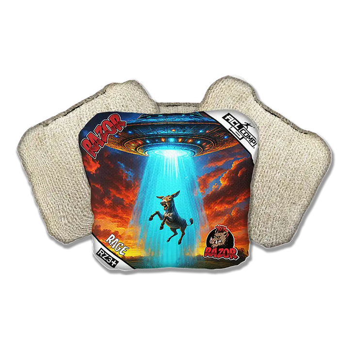 Cornhole bags with a colorful design featuring a donkey and a UFO on a white background