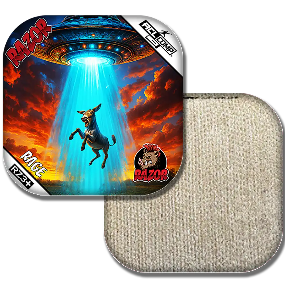 Cornhole bags with colorful design featuring a donkey  and a UFO, branded 'Razor'.
