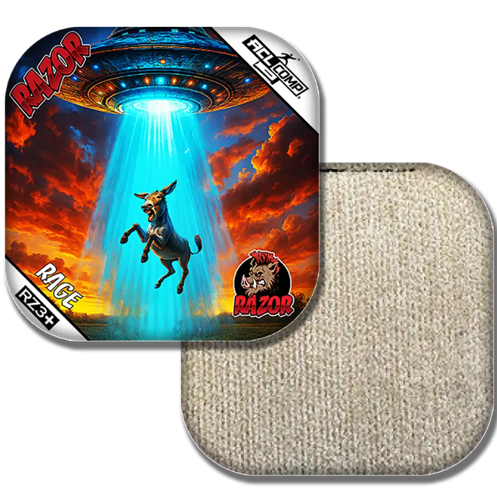 Cornhole bags with colorful design featuring a donkey  and a UFO, branded 'Razor'.