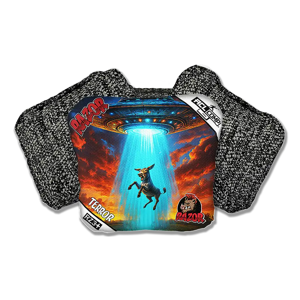 Cornhole bags with a graphic design of a donkey and UFO on a white background