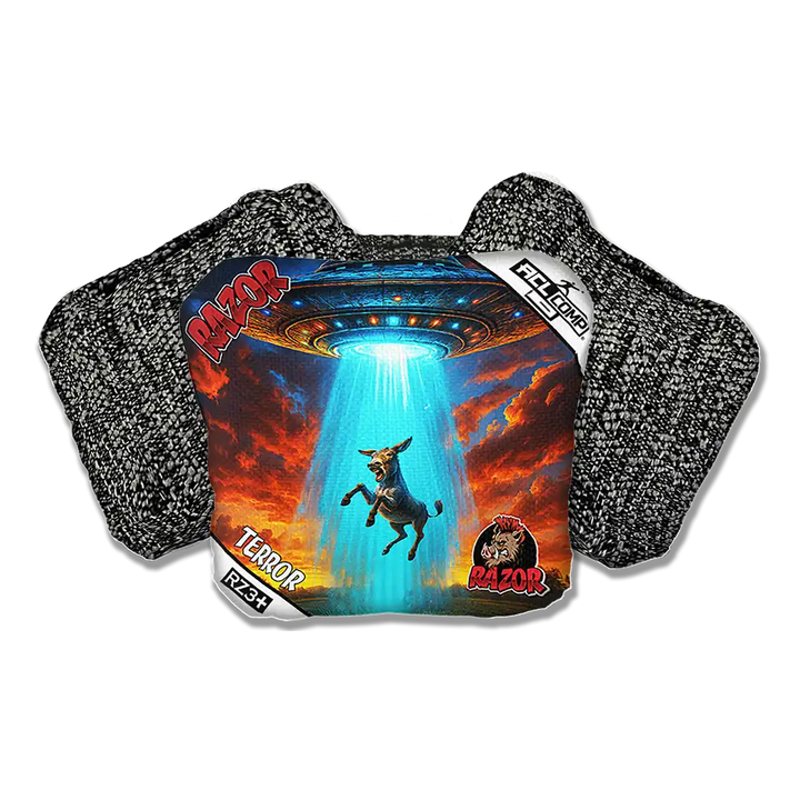 Cornhole bags with a graphic design of a donkey and UFO on a white background