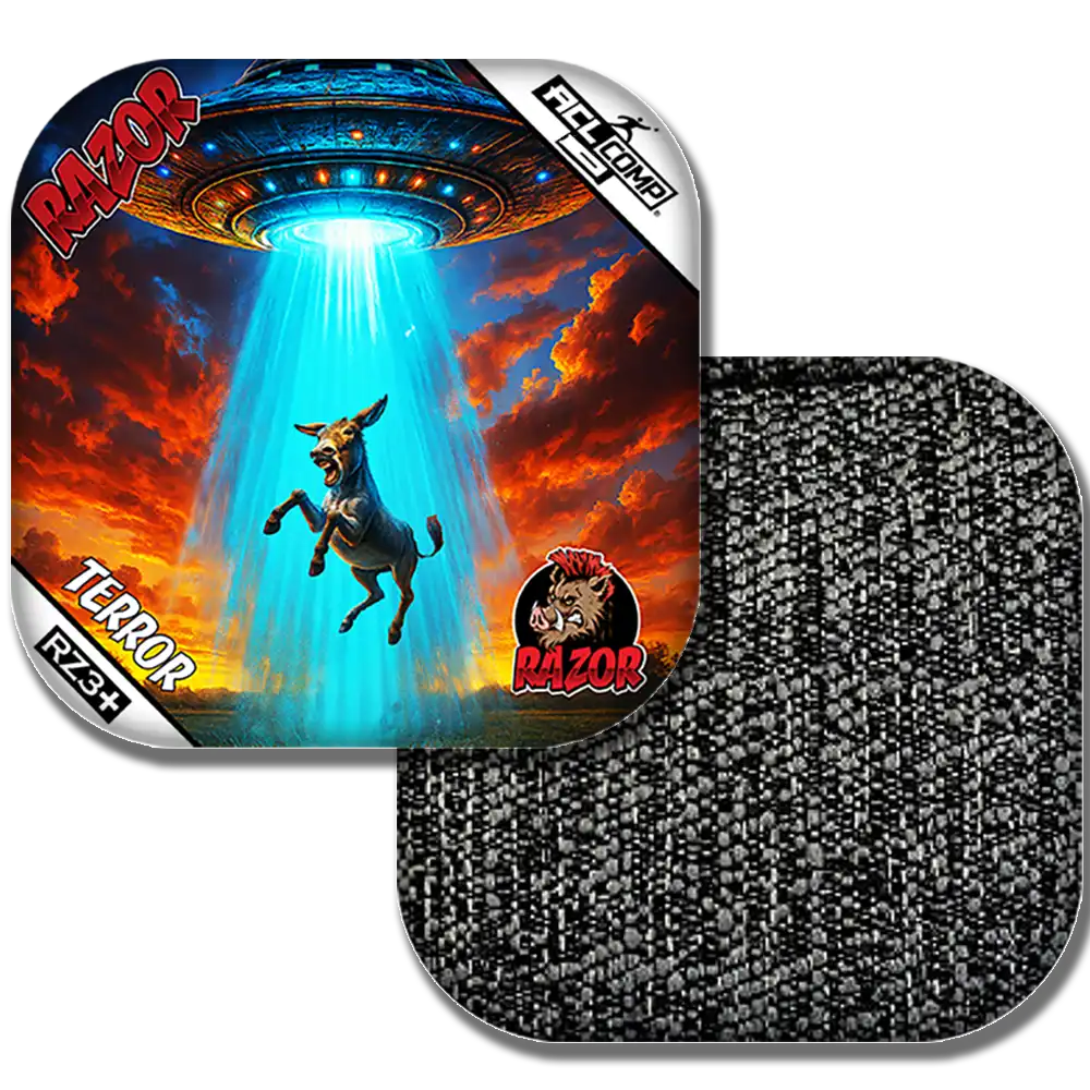 Cornhole bags with a donkey and UFO design, featuring the brand 'Razor'.