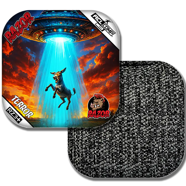 Cornhole bags with a donkey and UFO design, featuring the brand 'Razor'.