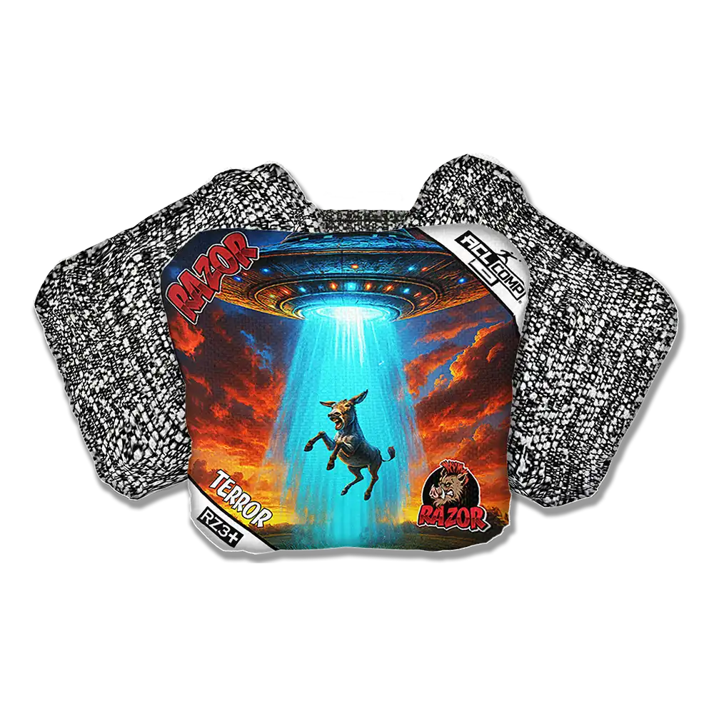 Cornhole bags with a donkey and UFO design.