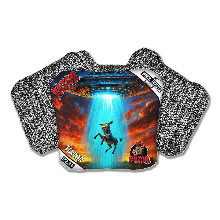 Cornhole bags with a donkey and UFO design.