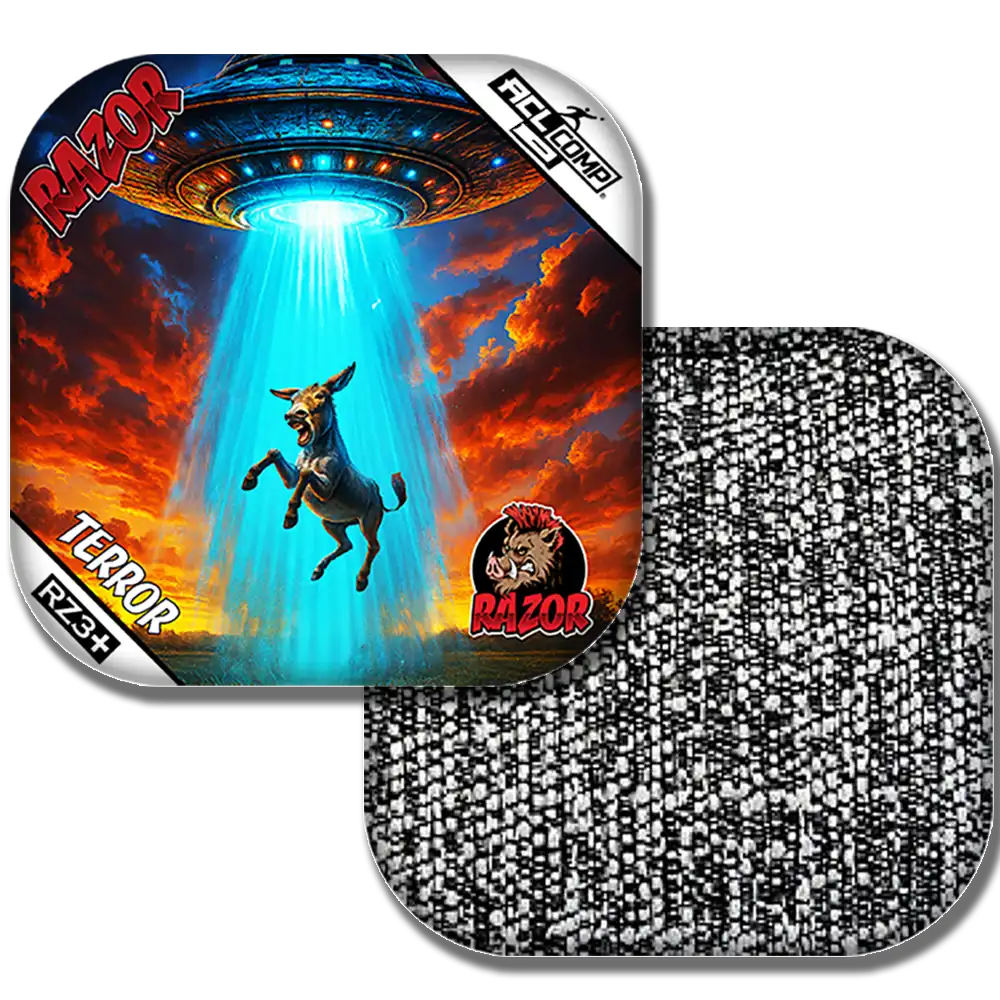 Cornhole bags with a graphic design featuring a donkey, UFO, and text on a white background