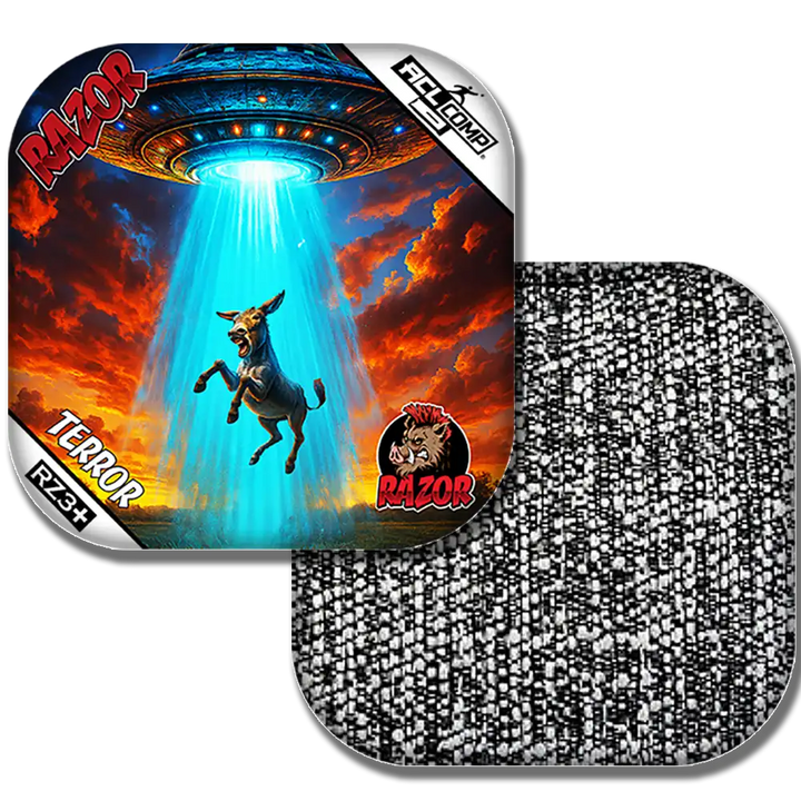 Cornhole bags with a graphic design featuring a donkey, UFO, and text on a white background