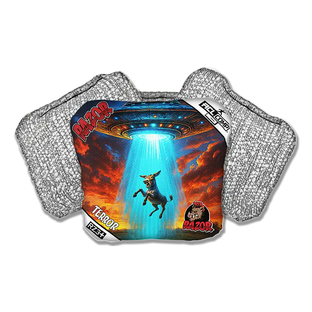 Cornhole bags with a UFO design and 'Razor' branding on a white background