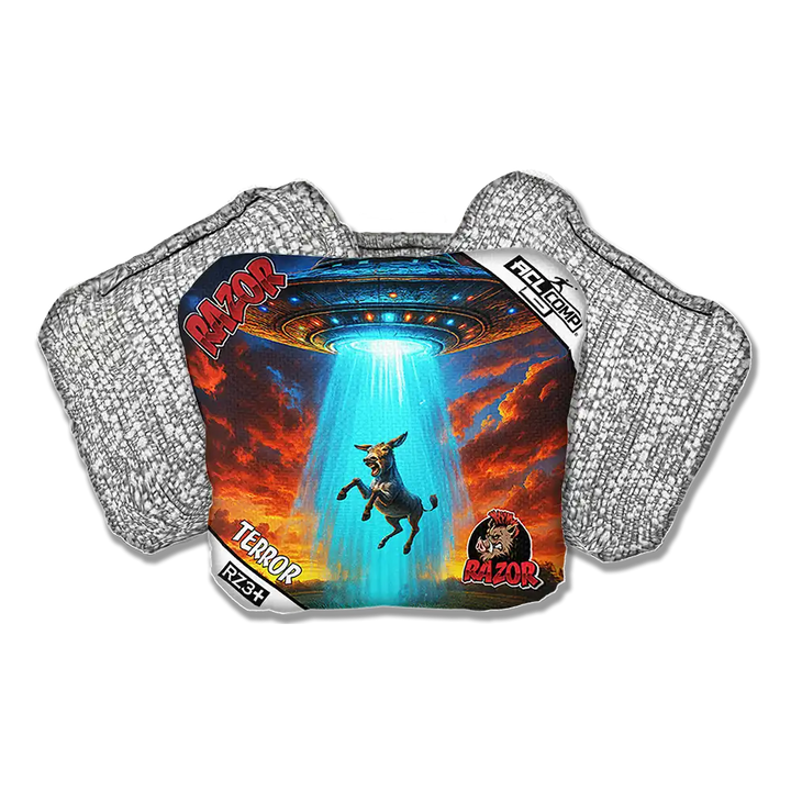 Cornhole bags with a UFO design and 'Razor' branding on a white background
