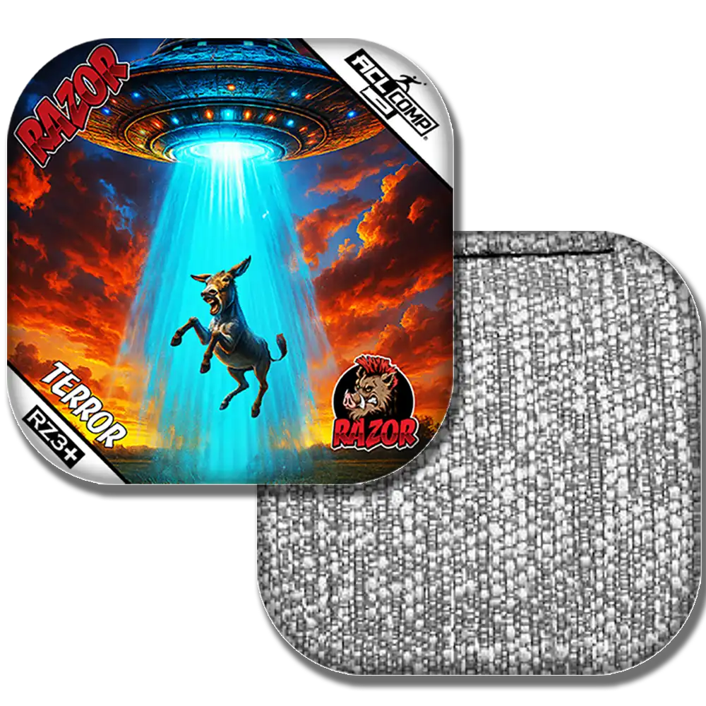 Cornhole bags with a donkey and UFO design, featuring the brand 'Razor'.