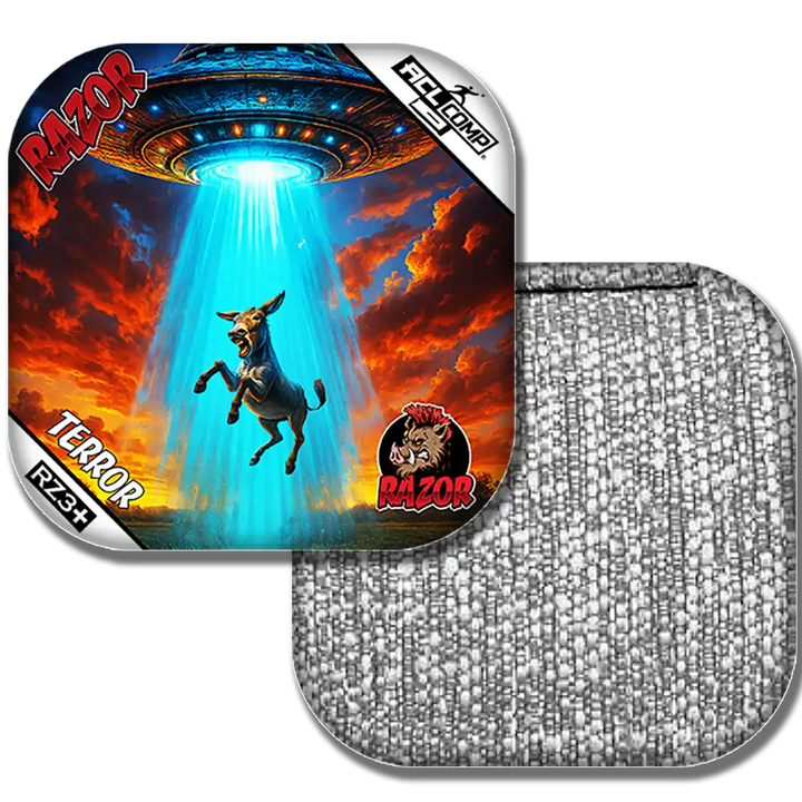 Cornhole bags with a donkey and UFO design, featuring the brand 'Razor'.