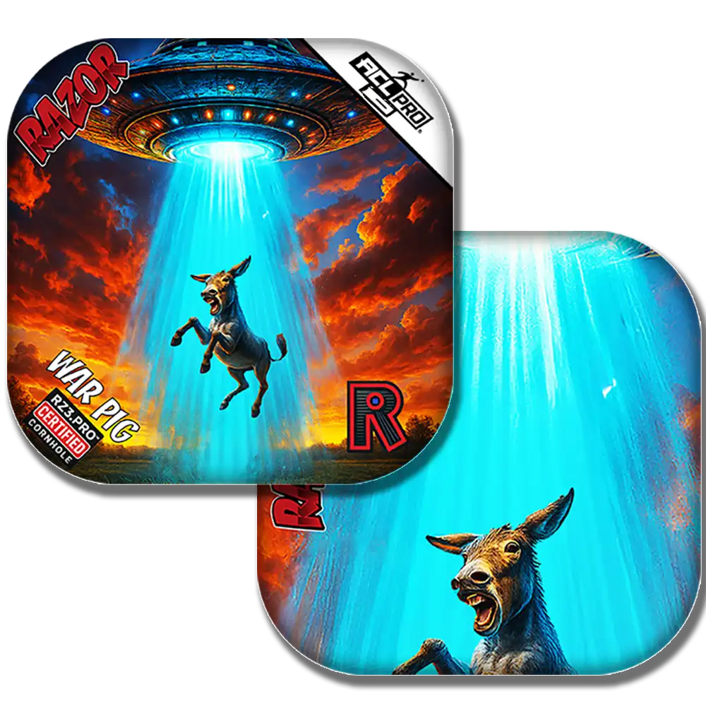 Cornhole bag designs featuring a donkey and a UFO with a dramatic sky.