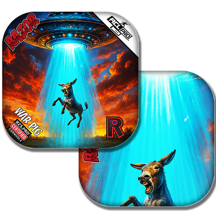 Cornhole bag designs featuring a donkey and a UFO with a dramatic sky.