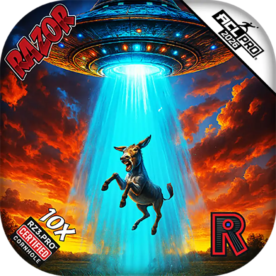 UFO abduction scene with a donkey and 'Razor' branding