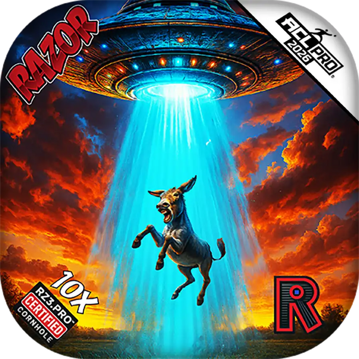 UFO abduction scene with a donkey and 'Razor' branding