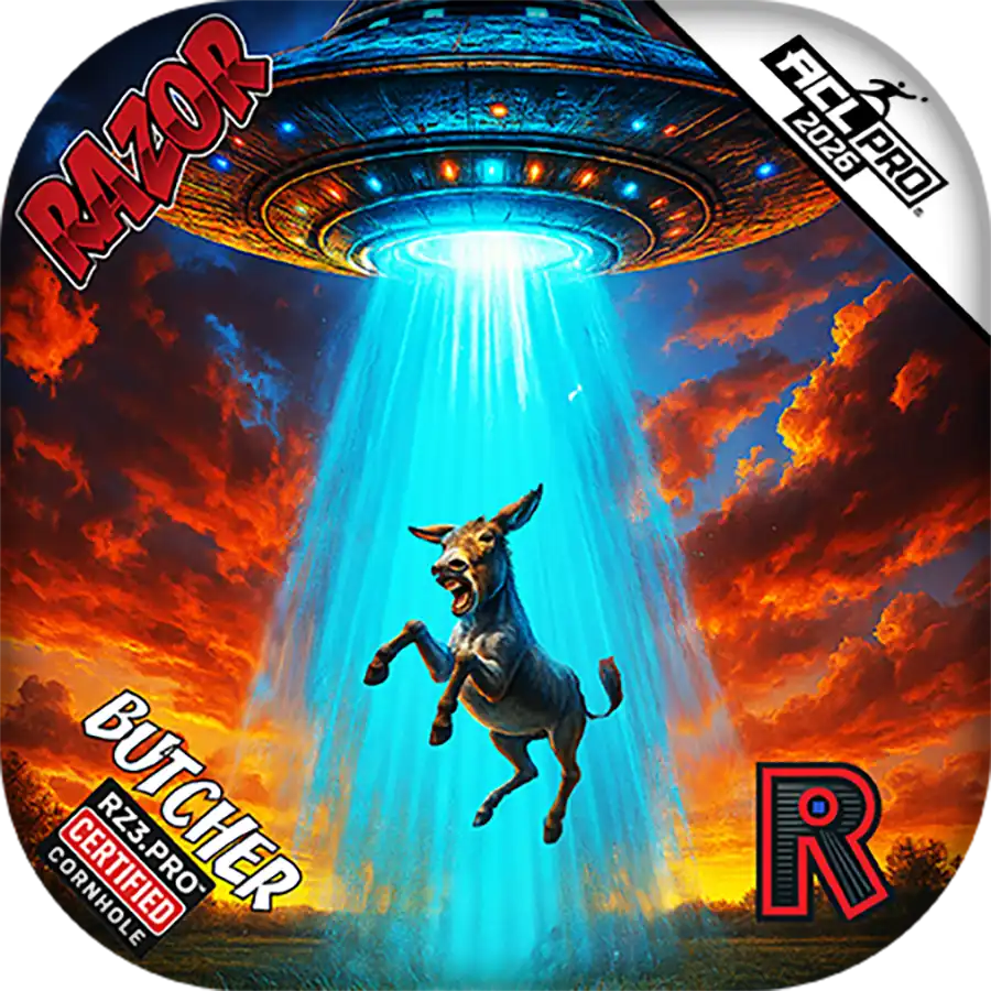 UFO abduction scene with a donkey and 'Razor' branding
