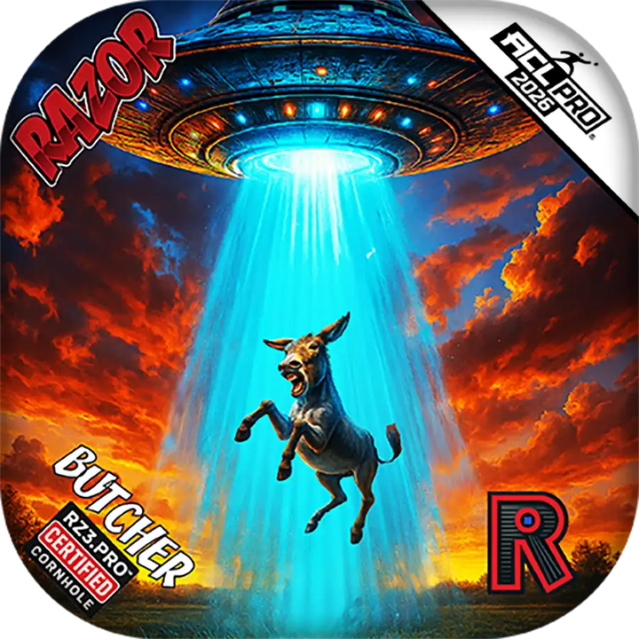 UFO abduction scene with a donkey and 'Razor' branding