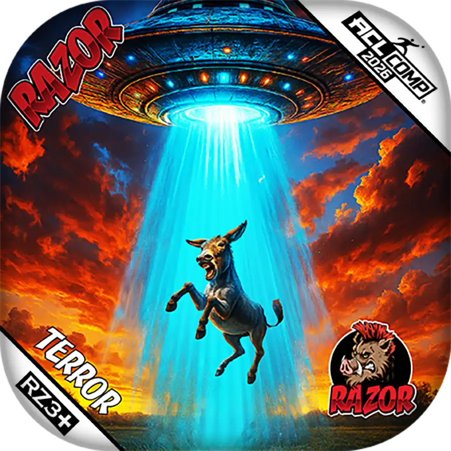 UFO with a donkey, set against a dramatic sky with red clouds, featuring the Razor brand.